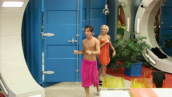 Rodrigo Lopez and Dogface aka Sophie Reade leave the bathroom after being trapped in there by other housemates