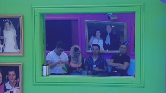 David Ramsden, Dogface aka Sophie Reade, Rodrigo Lopez and Charlie Drummond wait in the task room for Siavash Sabbaghpour who has been in the diary room for 30 mins